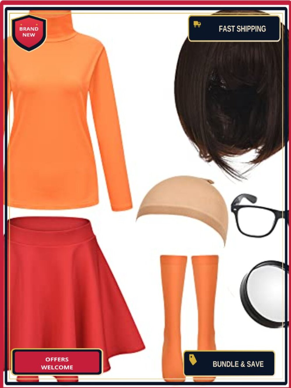 7Pc Halloween Deluxe Adult Costume Set Turtleneck Skirt Wig Cosplay Outfit